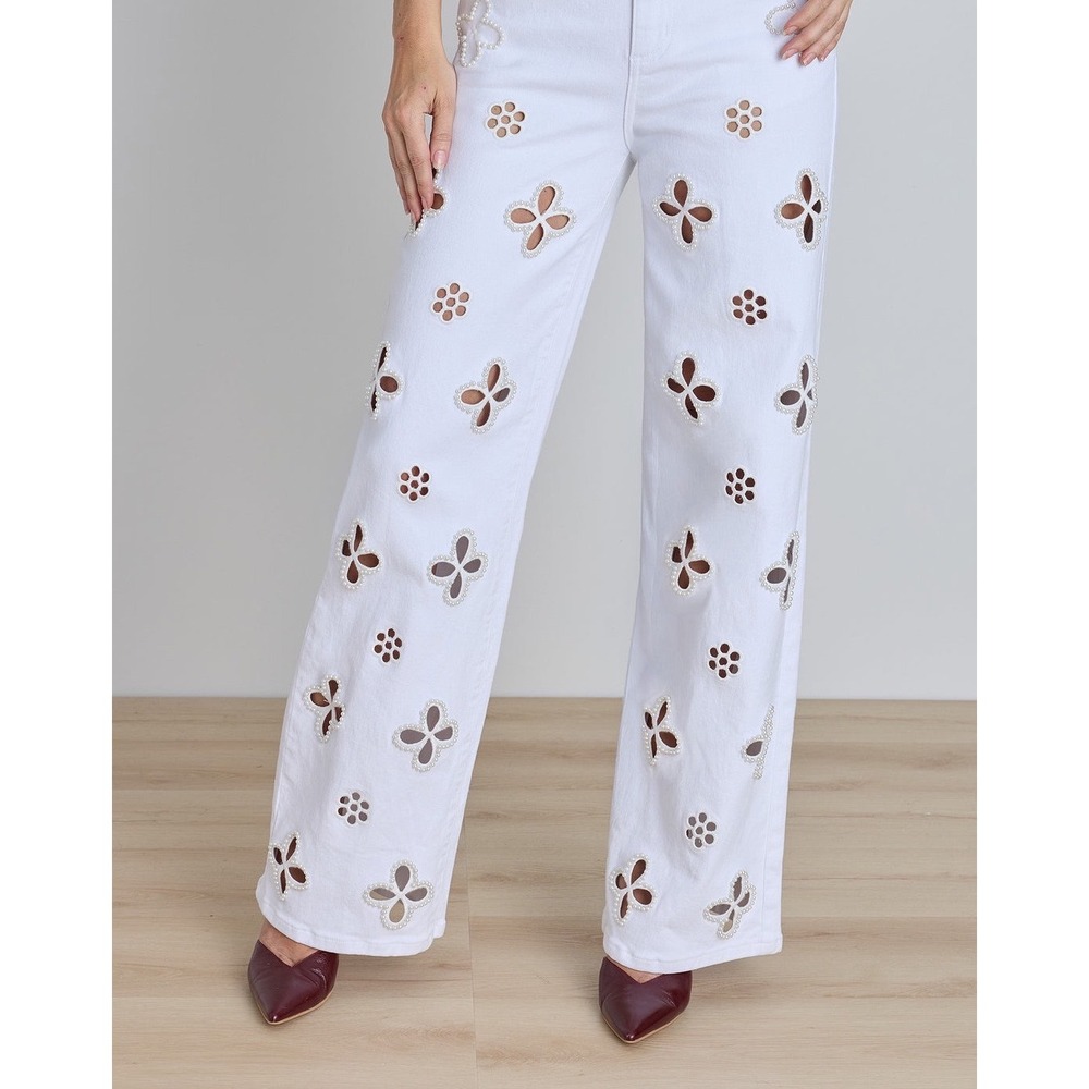 The Noli Shop NWT Kaia Pearl High Rise Jeans White Cutout Wide Leg Denim Size 31